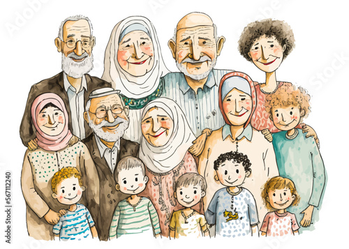 Fototapet Vector illustration depicting a Palestinian family spanning several generations, offering a touching and rich atmosphere of family warmth