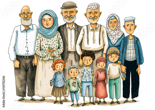 Group portrait of a multi-generational Palestinian family, vector illustration. Dynamic image ideal for illustrating a range of emotions and human subjects.