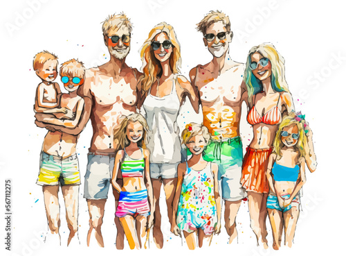 Vector illustration of a multi-generational family on vacation at the beach, for a warm atmosphere and a faithful rendering.