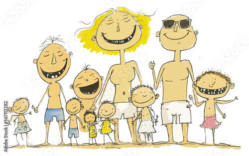 A family gathered at the beach, from several generations, for a memorable vacation. Vector illustration showing happiness and a sense of belonging.