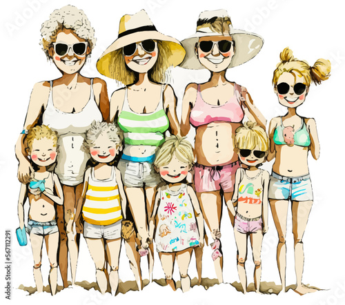 A vector portrait representing a diverse family on vacation at the beach. Ideal to illustrate an unforgettable vacation shared between several generations.