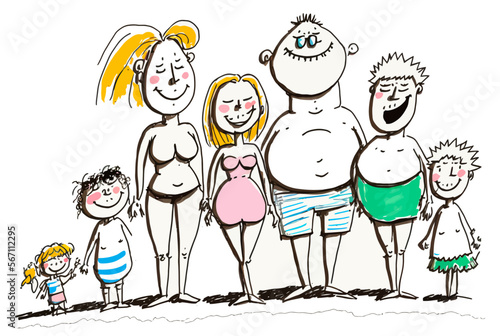 A funny vector illustration, showing a family of several generations on vacation at the beach, to evoke a friendly and joyful spirit. Stylized cartoon.