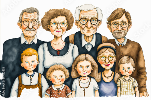 Group of several generations of Swiss family, funny vector portrait. Ideal illustration to evoke a warm and festive atmosphere.