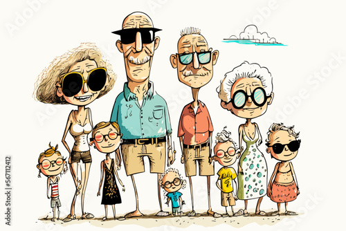 Amusing vector illustration of a Western family group of multiple generations on vacation. Perfect for capturing emotions and creating graphic designs.