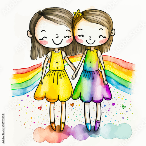 Two adorable lesbian girls under a rainbow, symbolizing the LGBTQ community. Cute, vectorized illustration. Perfect for expressing support or adding sweetness to designs.