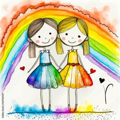 Adorable lesbian couple standing under a rainbow, symbol of the LGBT movement. Feel emotions & capture stunning visuals with this naive vector illustration.