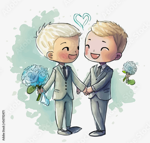 A gay couple gets married in a romantic context. Vector illustration supporting the lgbt cause and universal love.