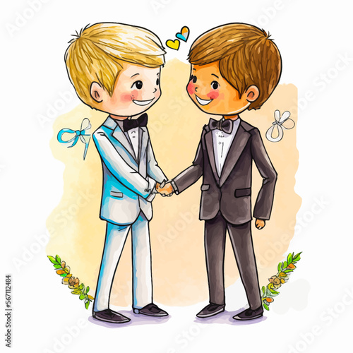 Vector illustration depicting a romantic gay couple sharing a wedding celebrating the LGBT cause and the freedom of universal love.