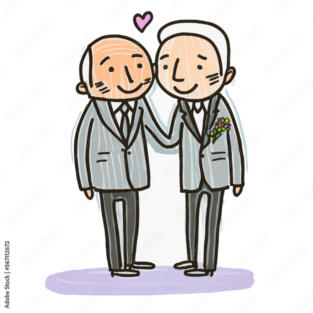 Elderly couple holding hands on their big day. A romantic painting that celebrates love and the rights of LGBT+ couples. Elderly couple holding hands on their big day. A romantic painting that celebrates love and the rights of LGBT+ couples.