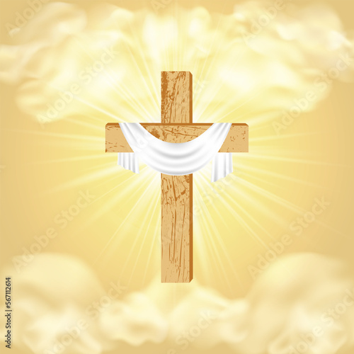 Easter. Christian wooden cross with a shroud on the background of divine sunlight, sky, clouds. Religious symbol of faith. Postcard with Palm Sunday, Easter, Resurrection of Christ.Vector illustration