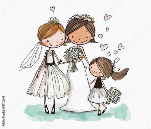 Smiling lesbian couple celebrating their marriage in a romantic moment with their child, embodying freedom & LGBT causes.