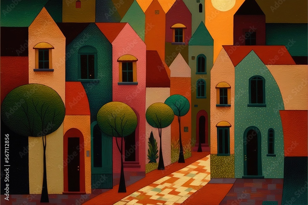 a painting of a city street with houses and trees on the side of the ...