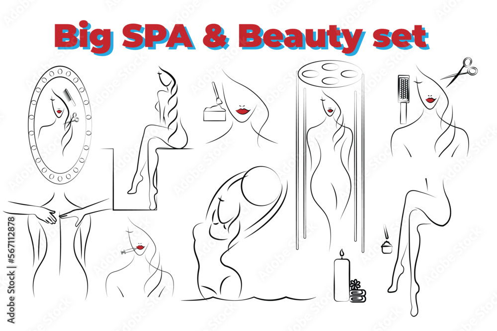 Set of images of beauty self-care procedures for women and spa: hairdressing, cosmetology, massage, solarium. Editable vector illustration