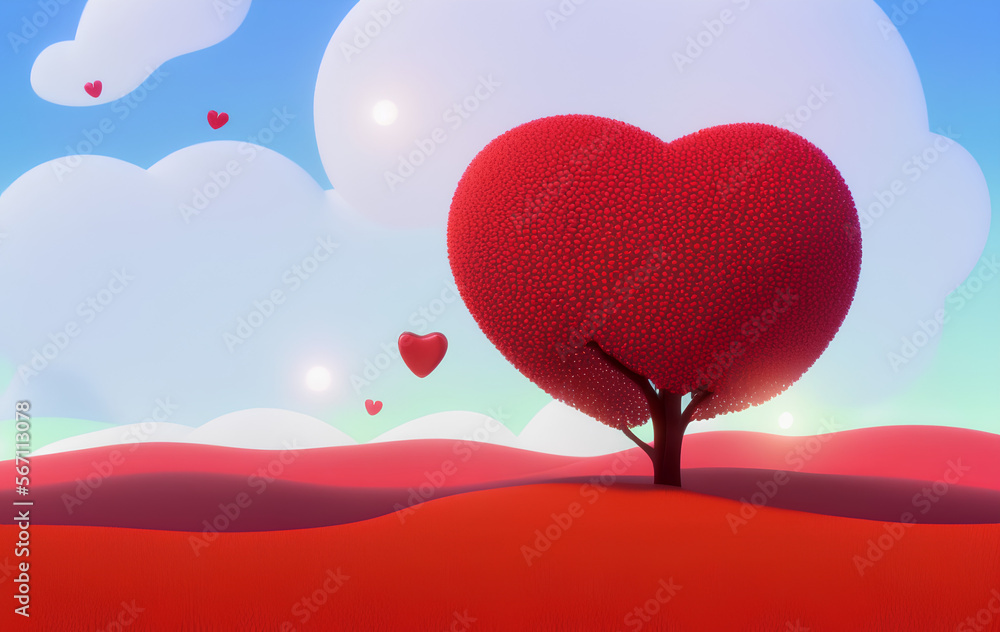 valentine day Tree in form of a heart cloods and flowers 3d render 4k+