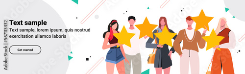 Satisfied clients giving feedback and service review. Concept of positive customer experience, rating and ranking. Flat vector illustration isolated on white background.