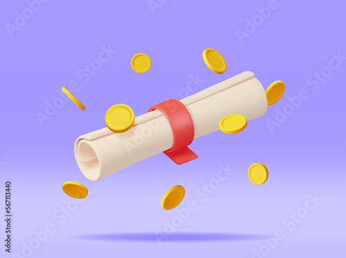 3D Certificate with Stamp and Money Isolated. Render White Diploma with Badge and Dollars. Diploma or Accreditation. Voucher or Invitation. Business Graduation Grant. Vector Illustration