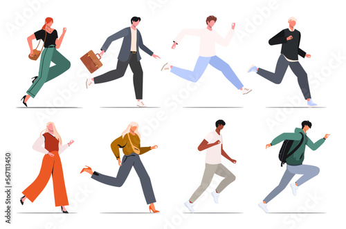 Ambitious business people running, hurrying to their goals and rushing on urgent businesses. Set of man and woman rushing. Concept of aspiration to success. Flat vector illustration isolated on white 