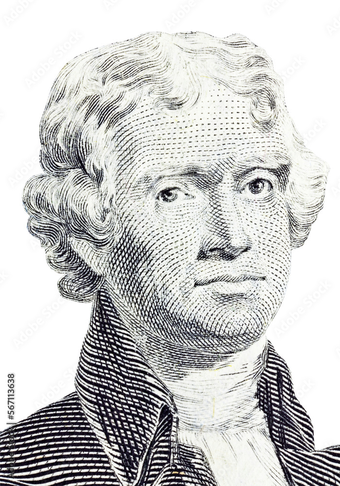 Macro detail of Thomas Jefferson on the US Two Dollar Bill with cut out background.