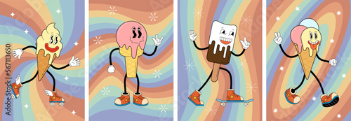 Retro ice cream cone characters on groovy art poster. Cool sweet food mascots on vintage hippy crazy banners. Psychedelic hippie style dessert on abstract rainbow space backgrounds. Trendy y2k placard