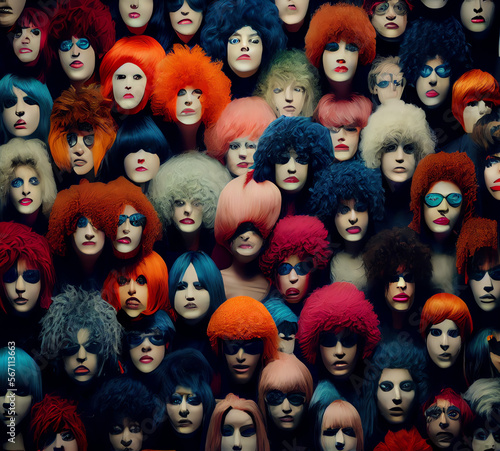 wall of multicolored colorful wigs, generative ai © Kitten Monster