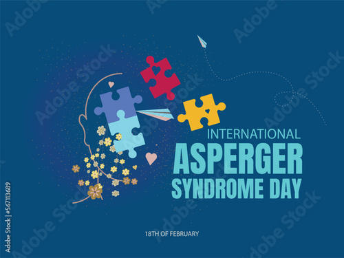 International Asperger Syndrome Day.18 February. Silhouette head with coloured puzzle pieces and flowers with blue text on a dark blue background.