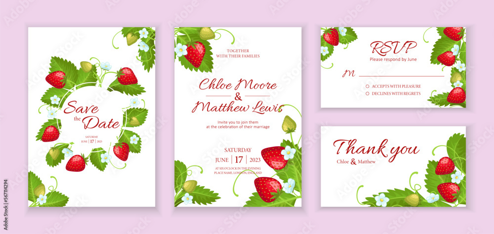 Set of wedding invitation templates with strawberries