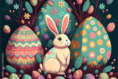 Colorful easter background with bunny and eggs