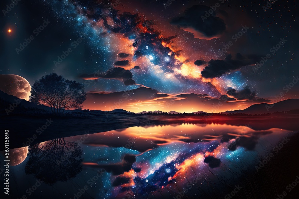 dreamlike gradient sky at night time with water surface reflection , idea for background wallpaper, Generative Ai