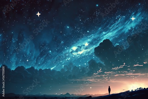 Fototapeta dream like gradient sky at night time, a man stargazer watch at starfield,  idea