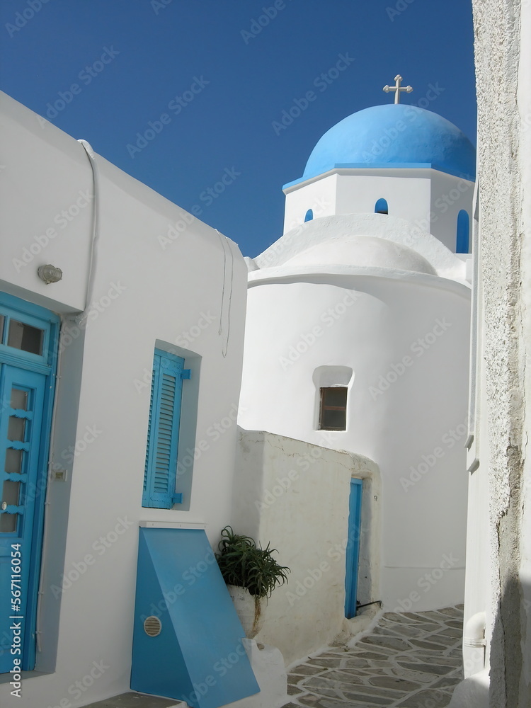 Blue domed white church in Lefkes, Paros, Greece