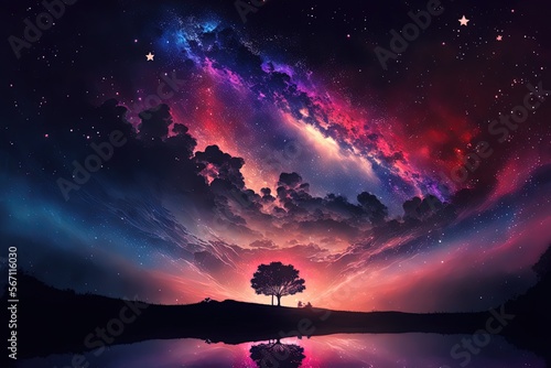 dreamlike gradient sky at night time with a tree and water surface reflection , idea for background wallpaper, Generative Ai
