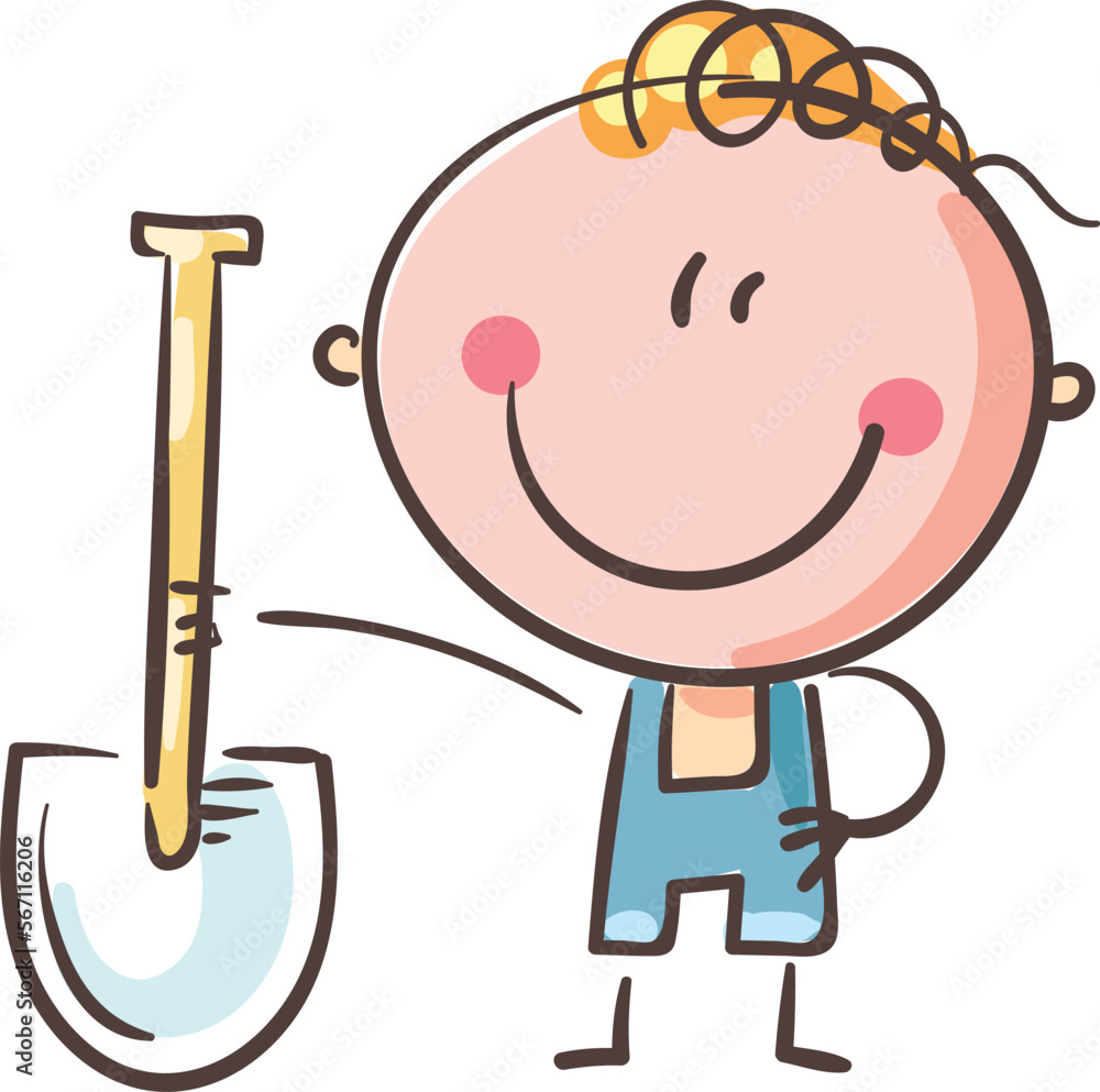 Cartoon boy with spade. Doodle kid clipart. Isolated on white ...