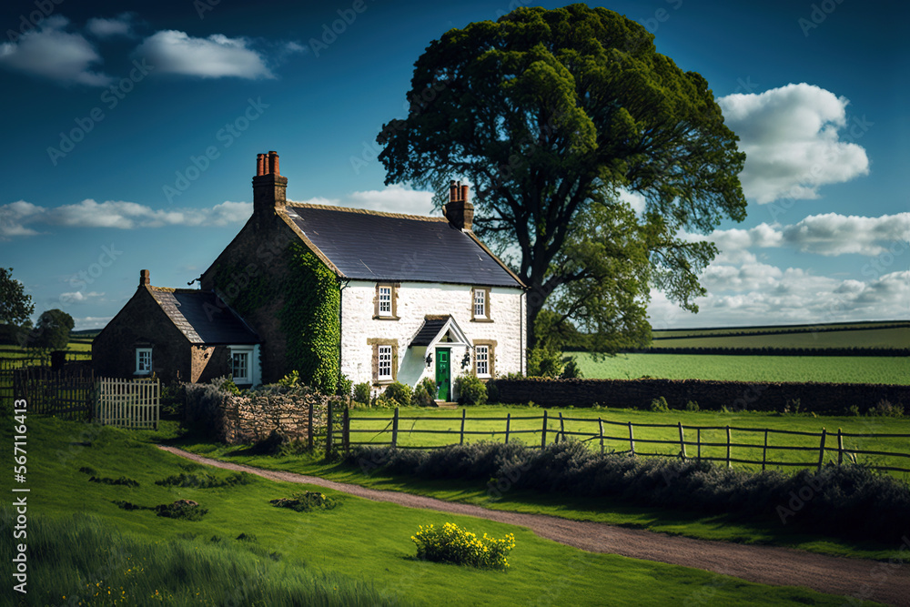 Fototapeta premium An old farmhouse in a green, grassy field surrounded by fences, under a clear blue sky, generative ai
