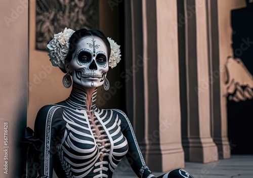 Fotografie close up beautiful woman wearing skull make up during Day of Dead festival, Day
