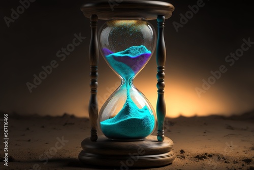 An hourglass with blue sand draining through it, generative ai