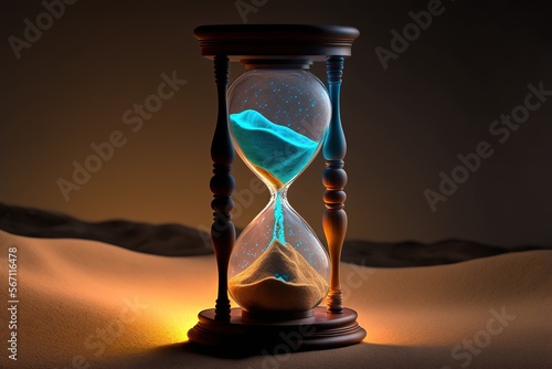An hourglass filled with blue sand drains against a desert backdrop, generative ai