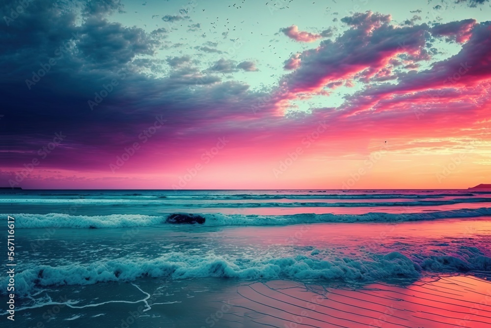 seascape with gradient ombre pink to blue color sky, Generative Ai