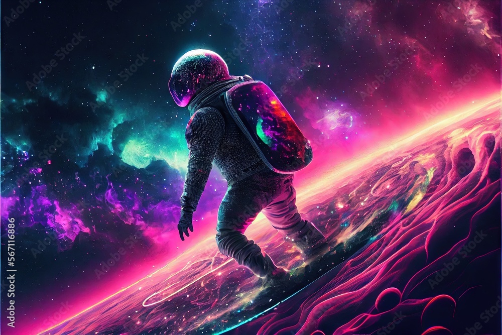 Astronaut on snowboarder in space. AI generated art illustration.	