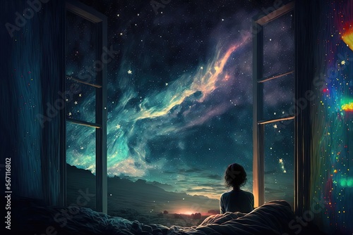 a kid watching out at big window open to galaxy sky, midnight time, idea for imagination and dream concept,  Generative Ai