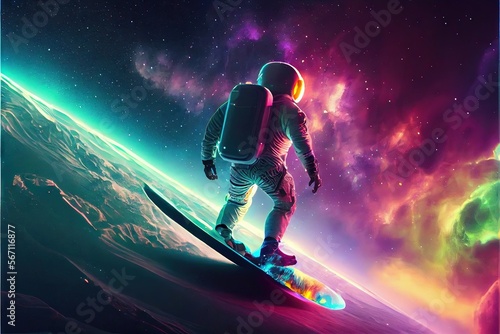 Astronaut on snowboarder in space. AI generated art illustration. 