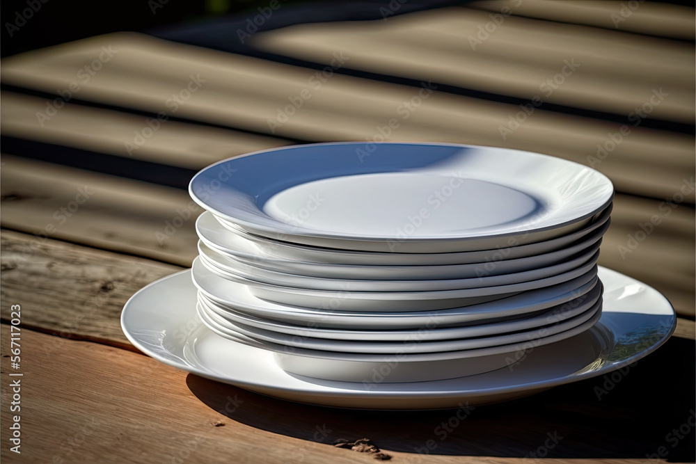 stack of plates on a wooden table, generated by AI stack of plates on a wooden table, generated by AI