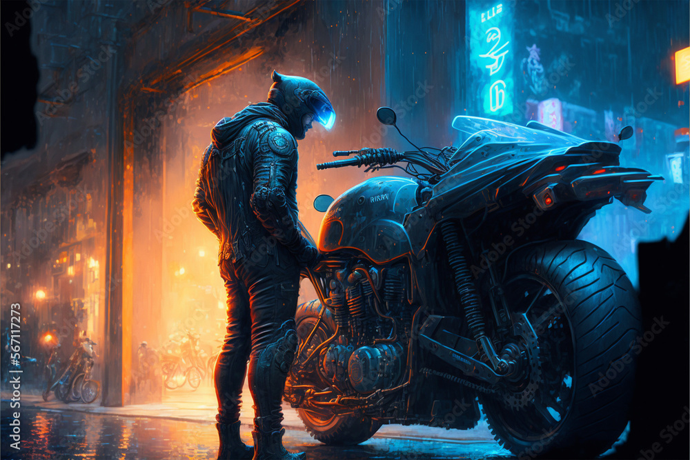 A man in a jacket is standing by a cyber punk motorcycle, night in the city, fantasy landscape illustration.