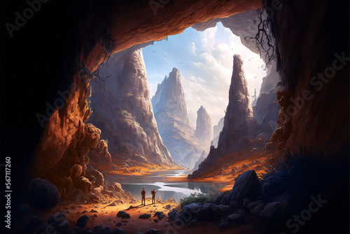 Canyon view from a cave  landscape  great view illustration  film scene  game scene  background.