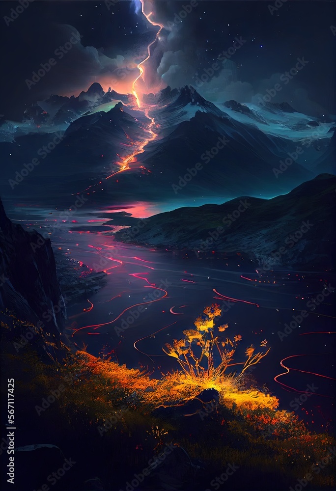 Sunset over the mountains. AI generated art illustration. 