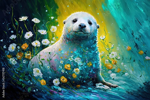 illustration of cute animal smile face in spring flower gardens, idea for children room wall decor or animal wallpaper, little seal, generative Ai