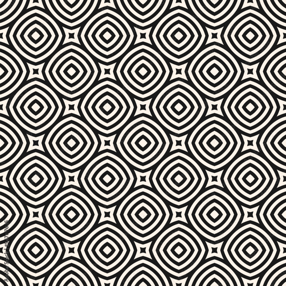 Geometric line seamless pattern. Simple vector abstract texture with curved shapes, circles, squares, stripes, repeat tiles. Black and white minimal geometric ornament. Modern monochrome background