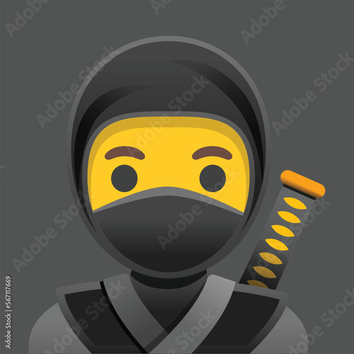 Ninja vector emoji design. Isolated person dressed as a ninja with a black hood, a mask covering the lower half of their face, and the hilt of a knife or sword emerging from behind their shoulder.