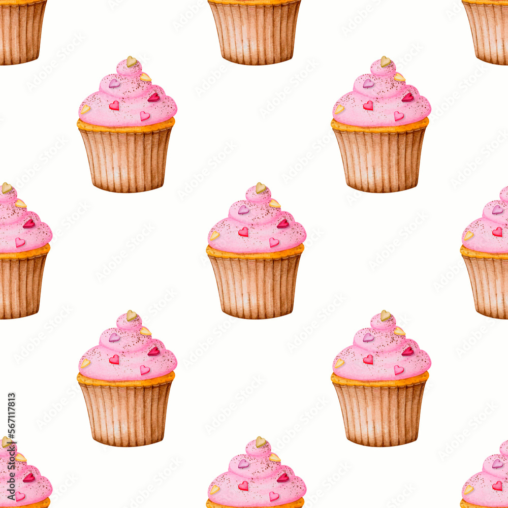 Seamless pattern with cupcakes on a white background. Watercolor design for Valentine's Day, Birthday, Wedding, Anniversary. Ideal for printing on packaging, wrapping, stationery, fabrics, textiles.. Seamless pattern with cupcakes on a white background. Watercolor design for Valentine's Day, Birthday, Wedding, Anniversary. Ideal for printing on packaging, wrapping, stationery, fabrics, textiles..