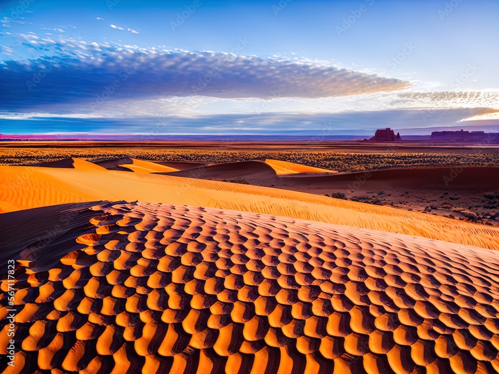 Fototapeta premium A desert with sand dunes and mountains in the distance.