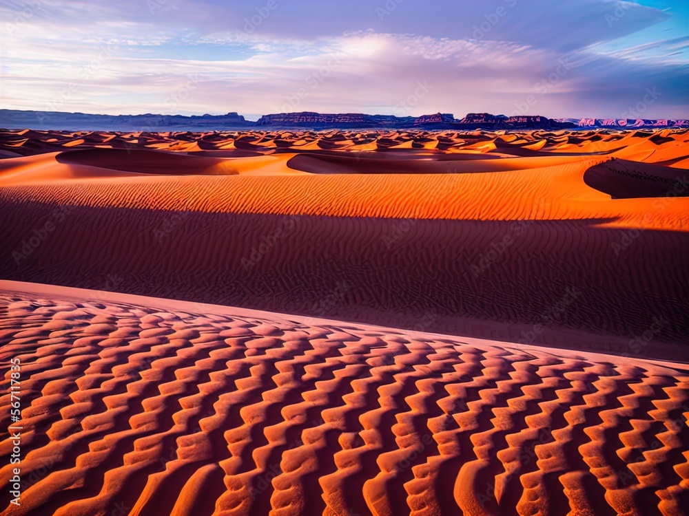 Fototapeta premium A desert with sand dunes and mountains in the distance.